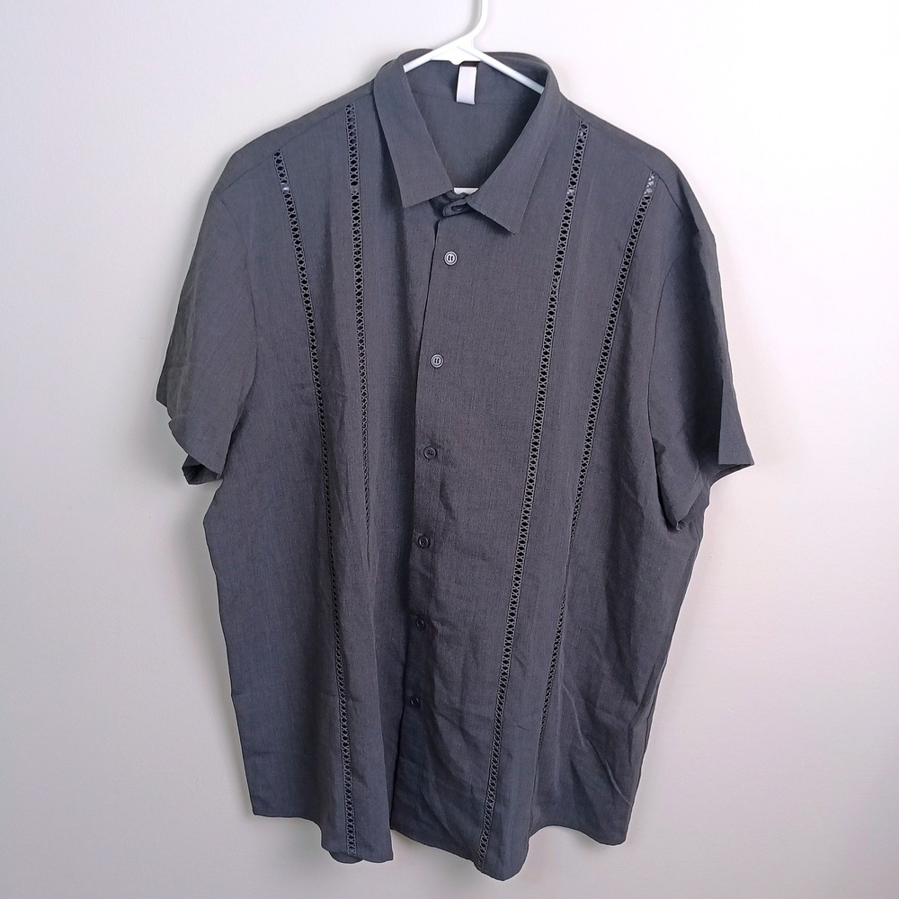 Mapick Button Front Shirt Mens 3XL Gray New Lace Trim Short Sleeve Guayabera